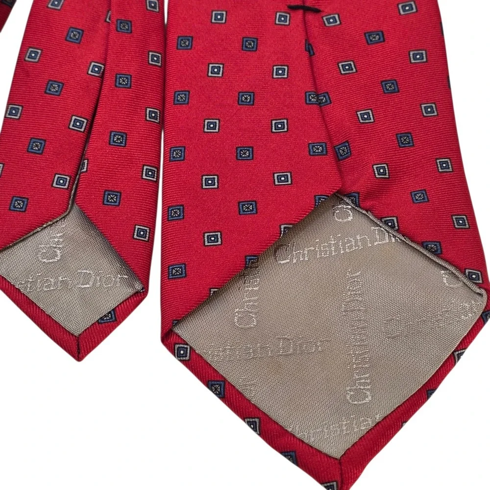 Vintage Christian Dior Tie Red Silk Geometric Square Pattern Mens Luxury Necktie
